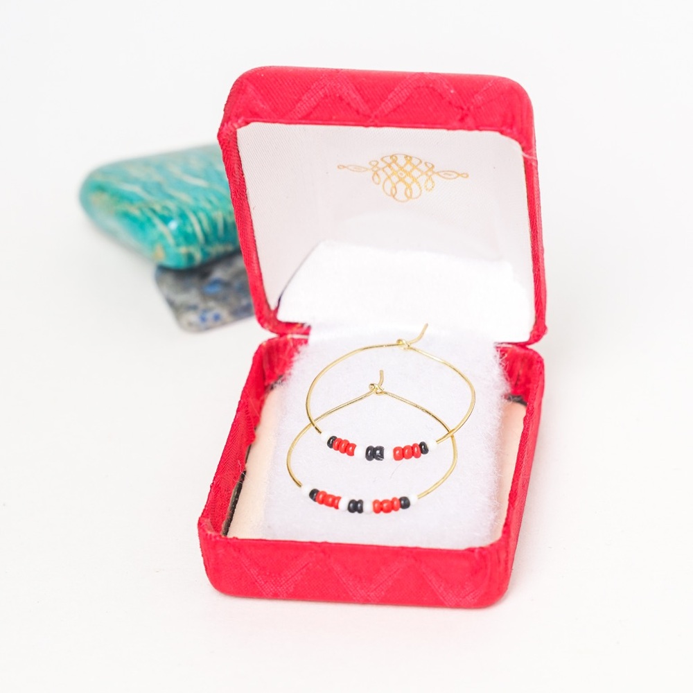 Seed Bead Hoop Earrings Handmade White Black & Red Brass Gold with Gift Box